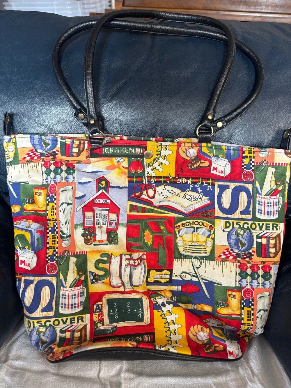 Colorful School-Themed Tote Bag with Black Handles